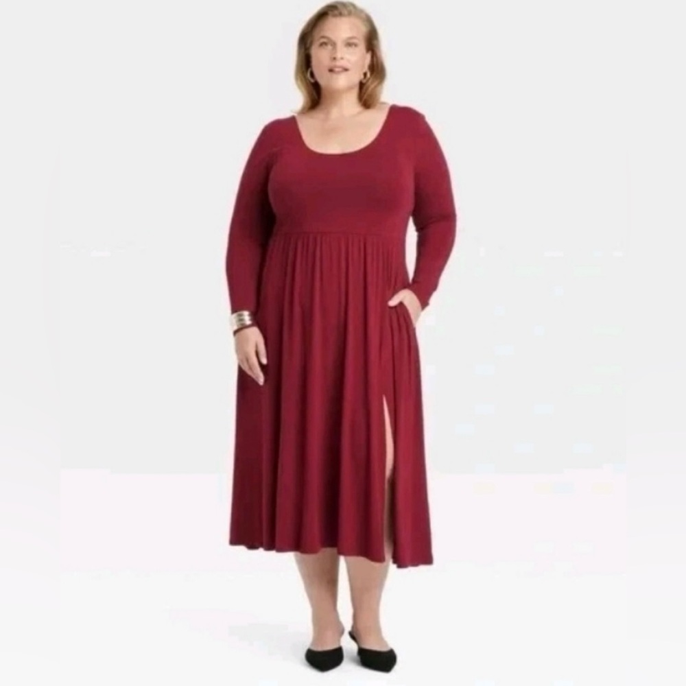 a new day Burgundy Long Sleeve Scoop Neck Midi Dress